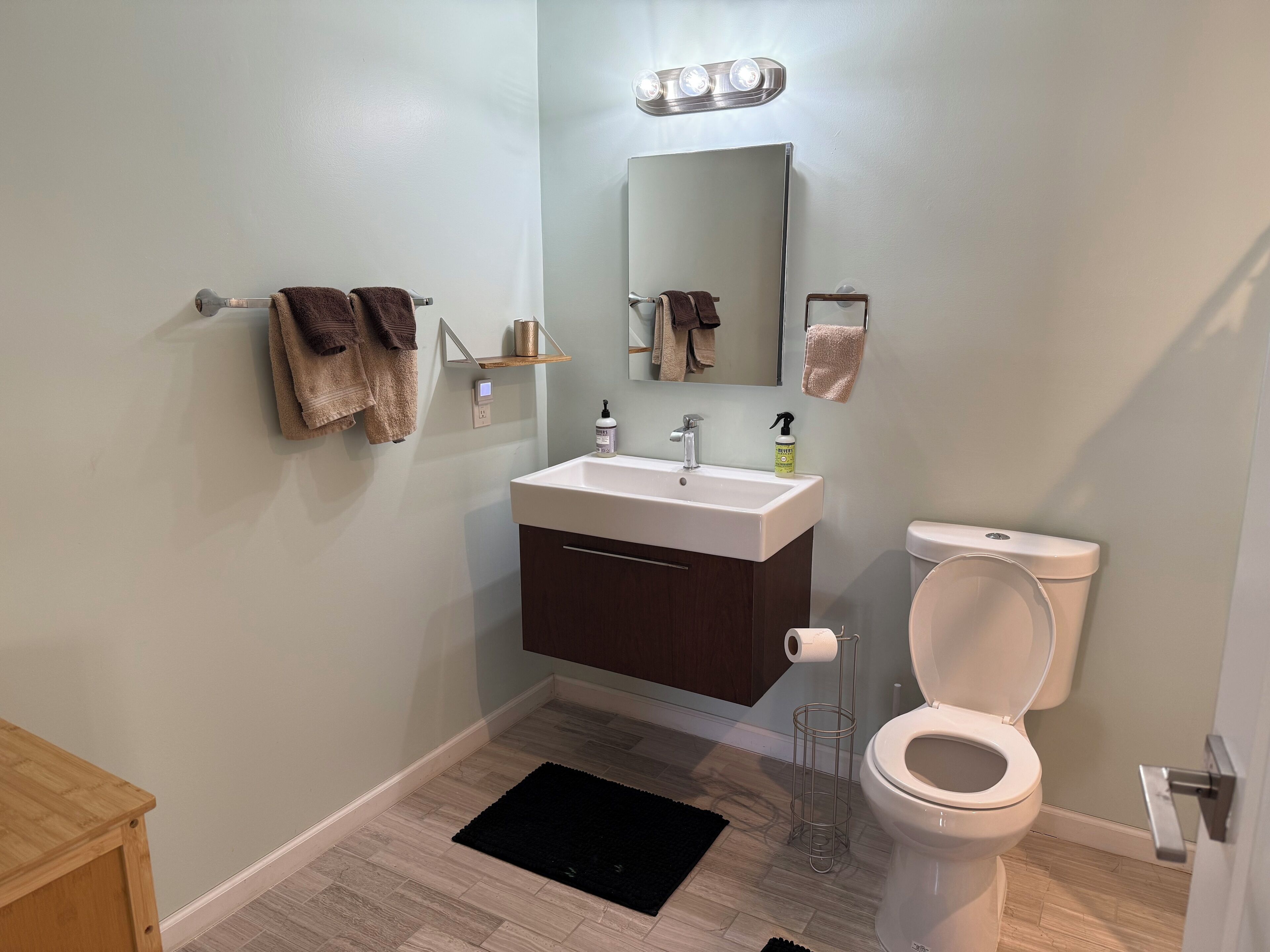 Hair dryer, towels, soap, shampoo