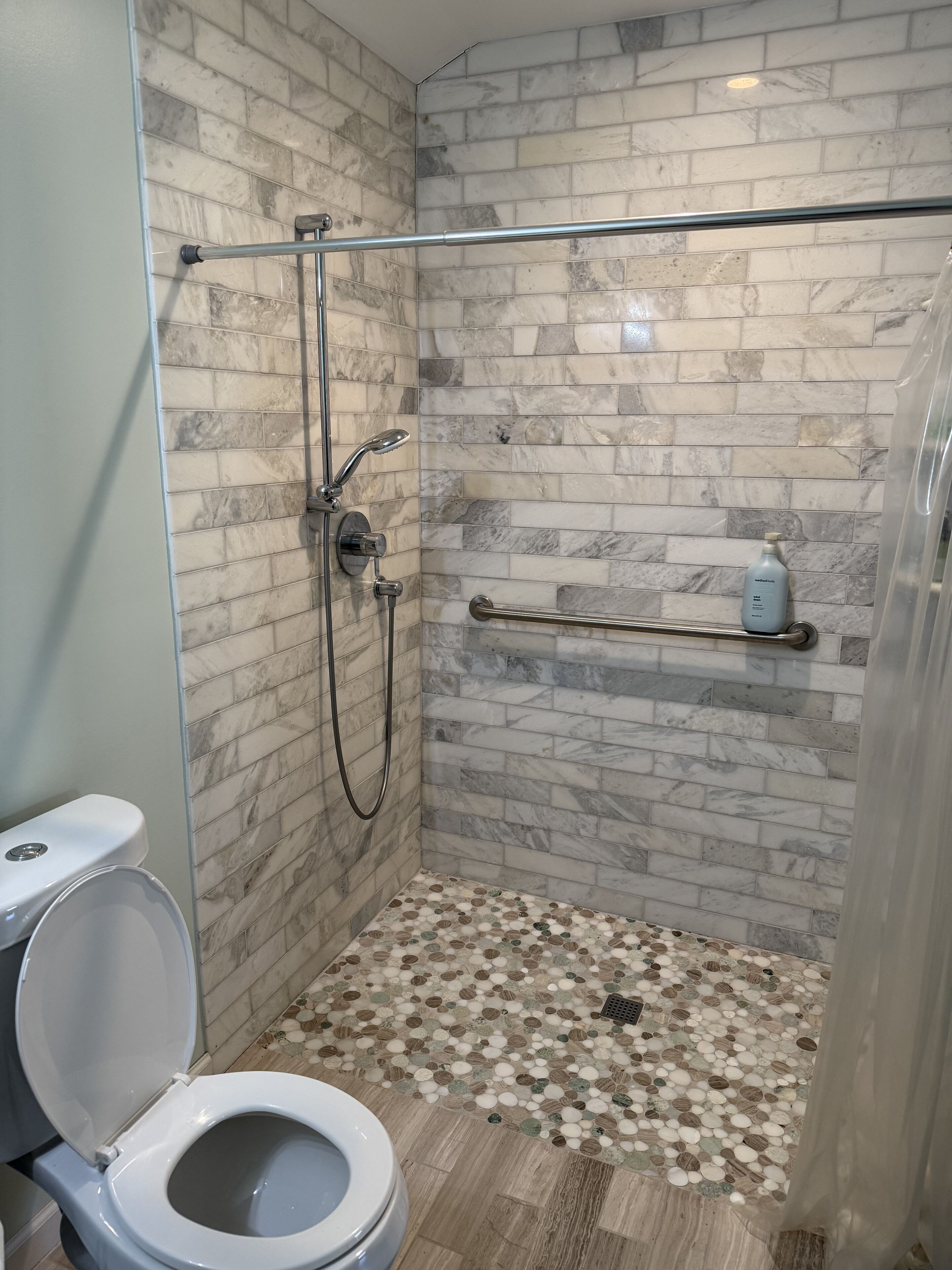 Hair dryer, towels, soap, shampoo