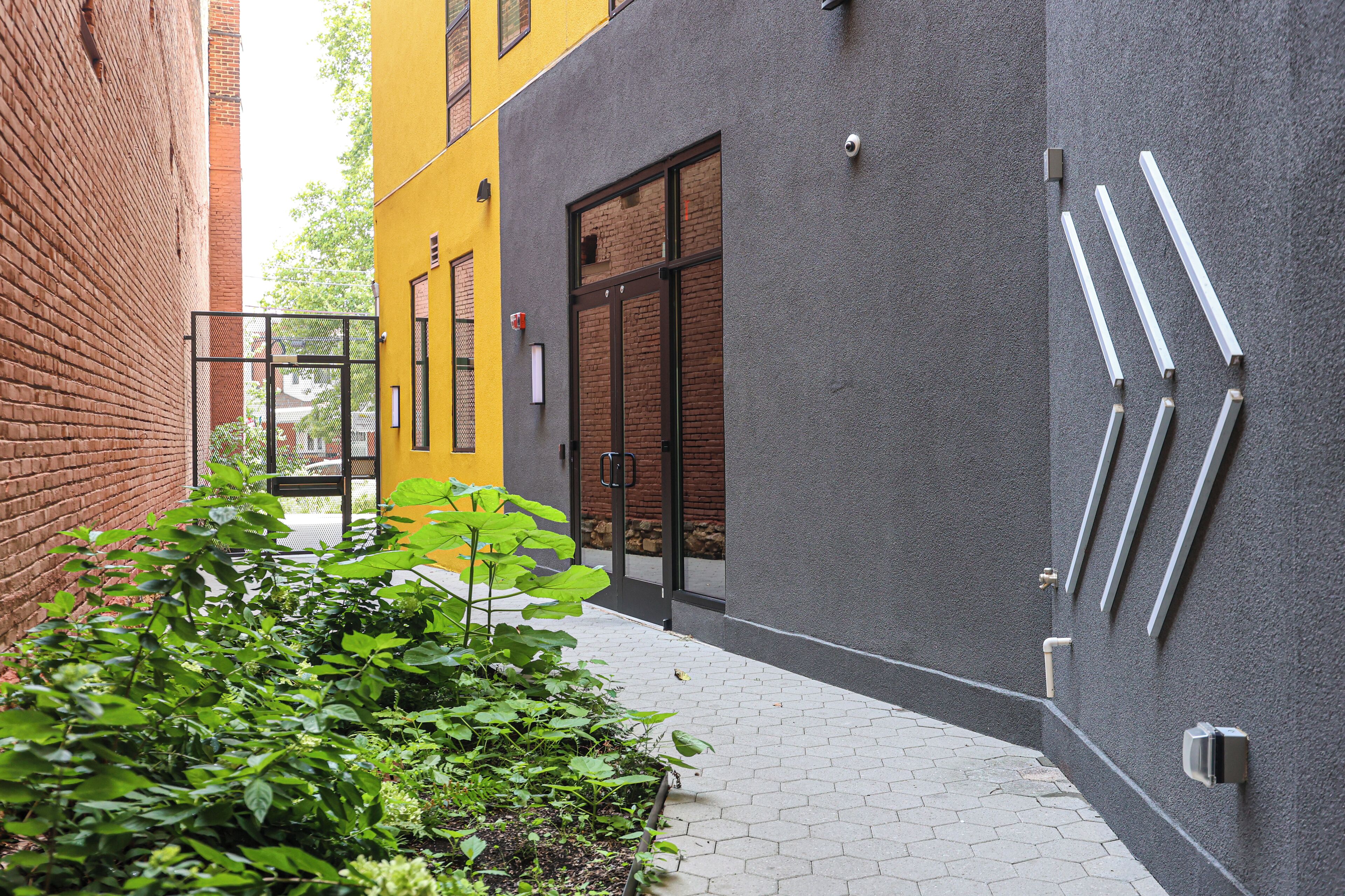 A narrow alley with a yellow building, a grey building, and a brick wall. There are plants in the foreground and a pathway with hexagonal tiles.