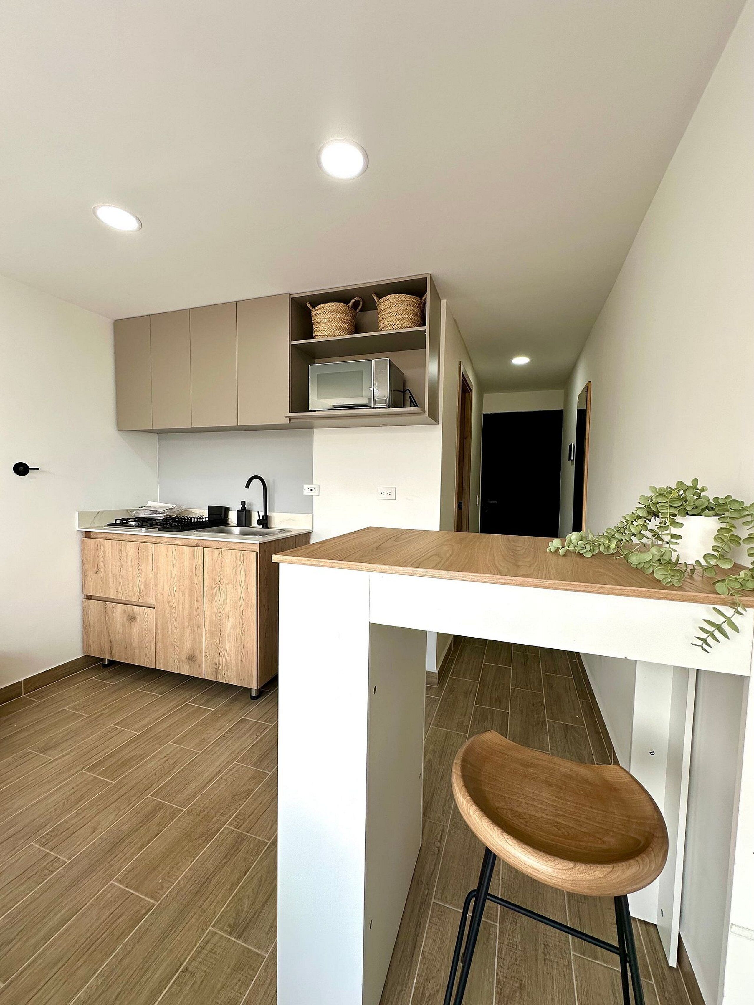 Elite Apartment | Private kitchen | Mini-fridge, microwave, stovetop, cookware/dishes/utensils