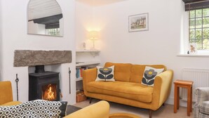 A cozy living room with a fireplace, a sofa, a patterned throw, and a bookshelf. - 2 New Mill Cottages (Newton Abbot)
