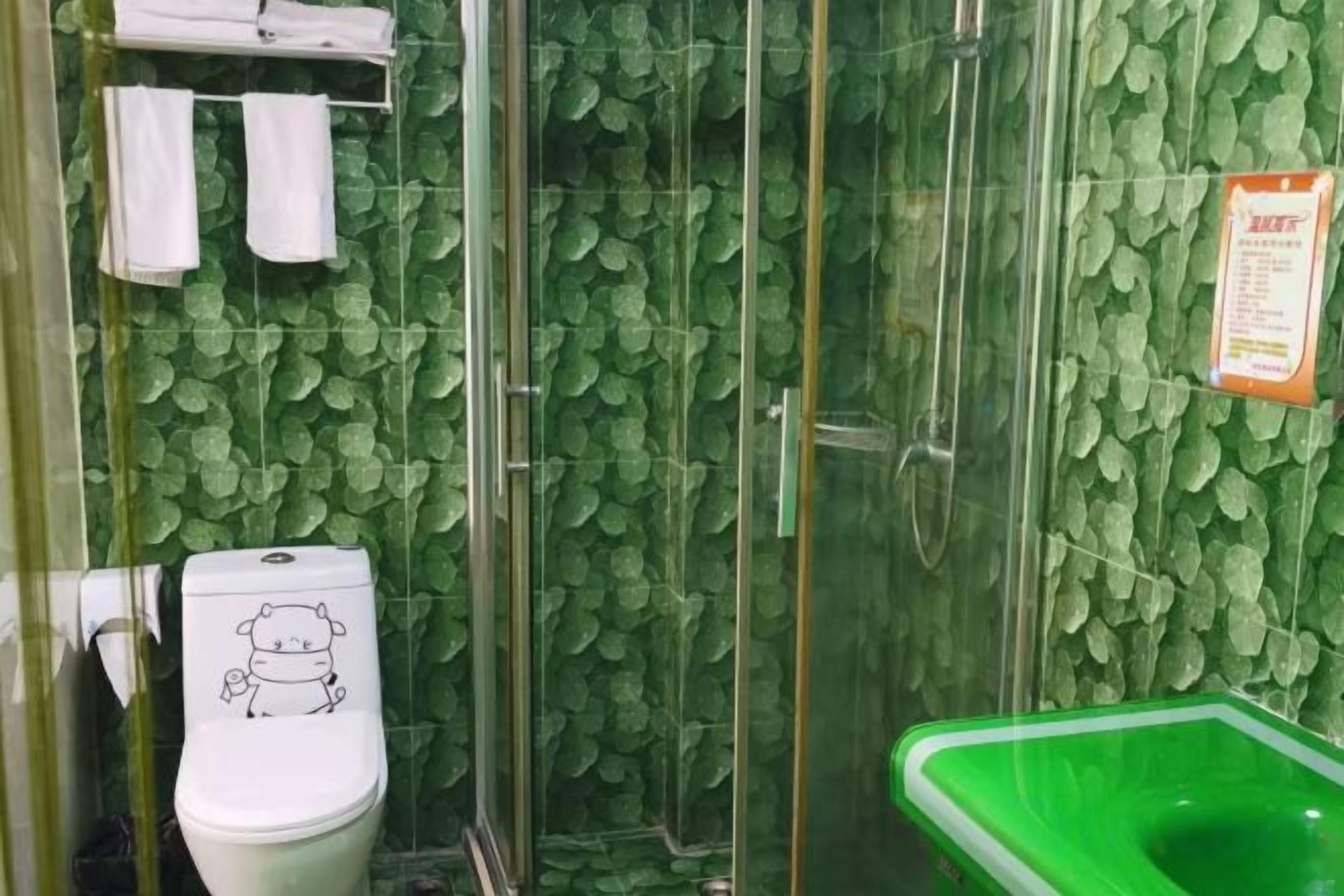 A bathroom with a toilet, shower, and green sink.