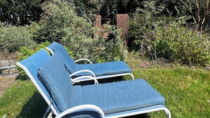 Two lounge chairs with metal frames and blue cushions in a grassy outdoor area with trees and a wooden fence in the background.