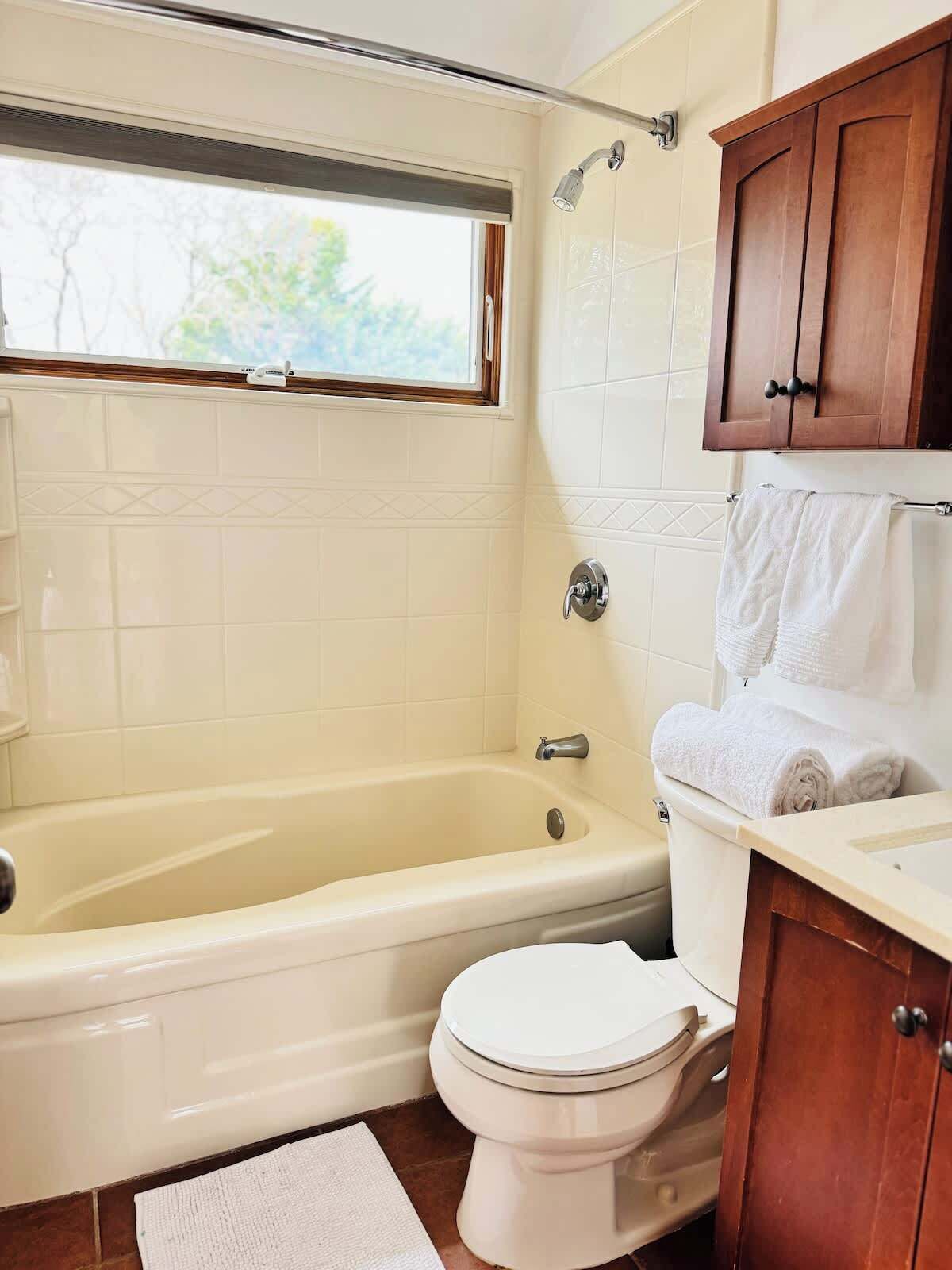 Shower, hair dryer, shampoo