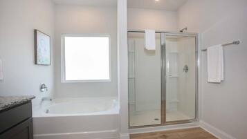 Shower, towels, soap, shampoo