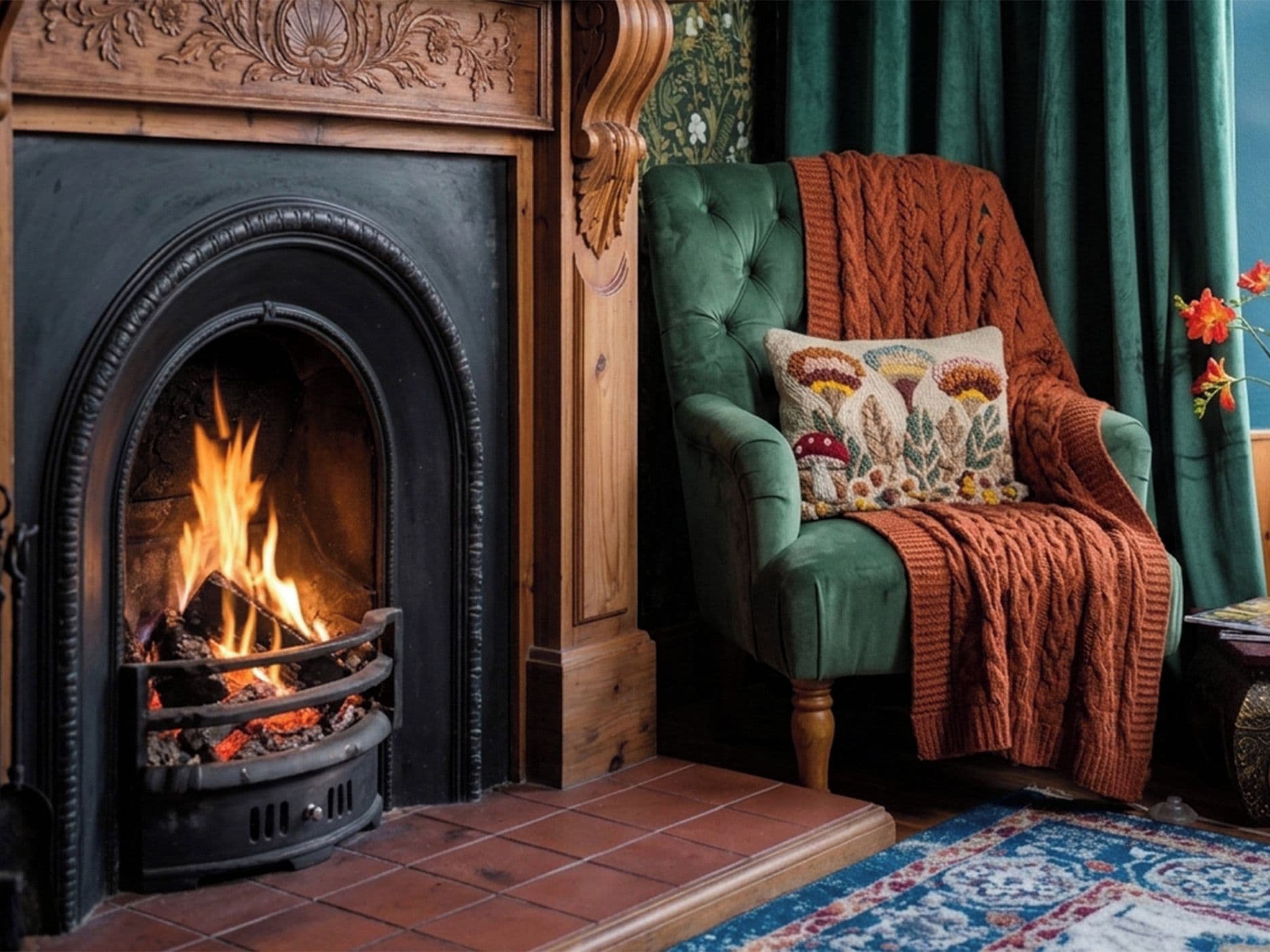 A room with a fireplace, a green armchair with a patterned throw, and a floral-patterned pillow.