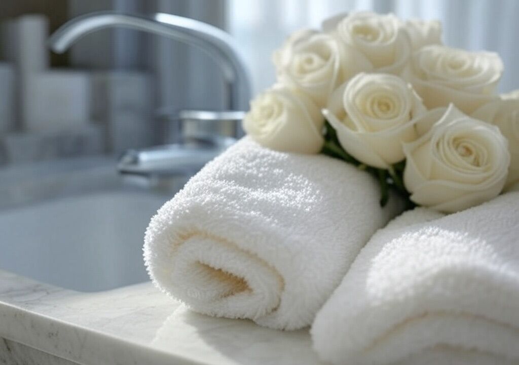 A bathroom with a white towel and a bouquet of white roses on a marble countertop.