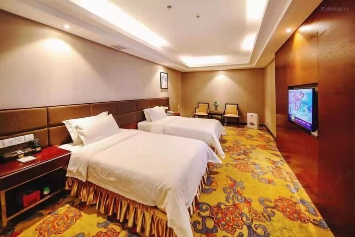 A hotel room with two beds, a TV, a desk, and a carpeted floor.