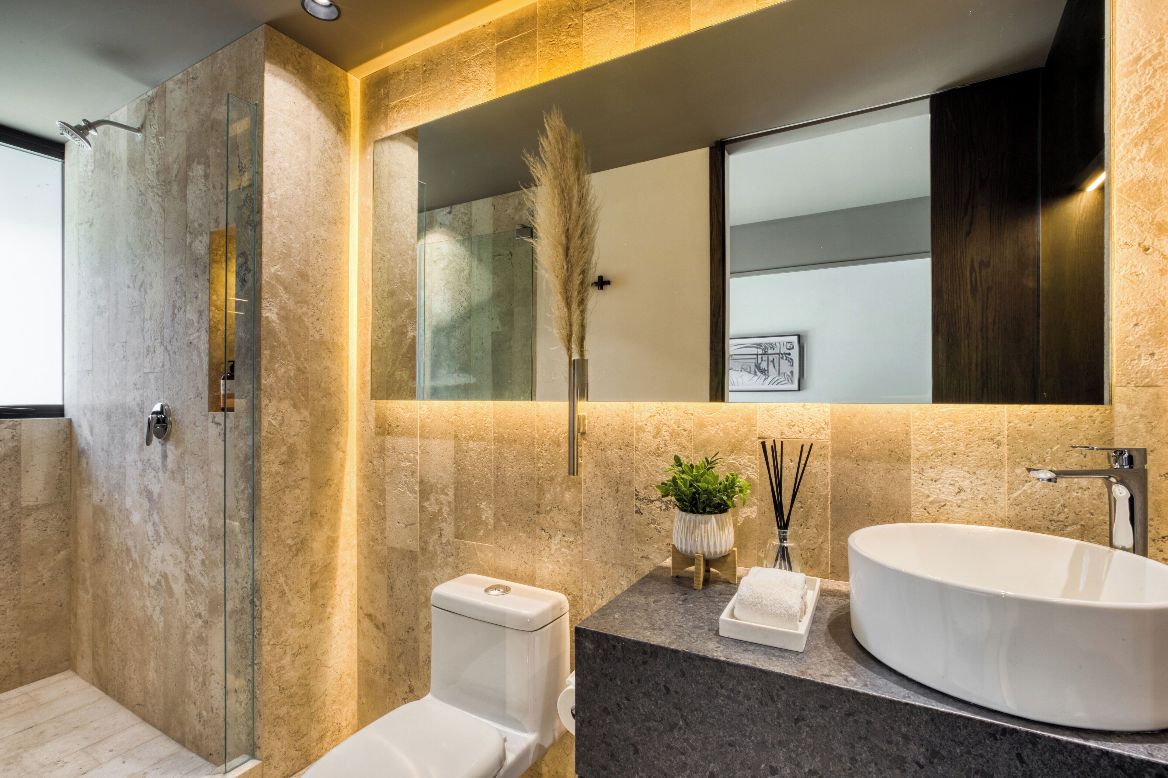 Shower, rainfall showerhead, hair dryer, bathrobes