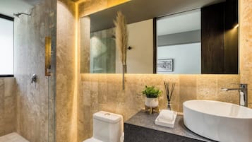 Shower, rainfall showerhead, hair dryer, bathrobes