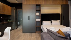 A modern hotel room with a bed, a sofa, a desk, and a wardrobe. - Dioroh Suites Meteora 303 (Kalabaka)