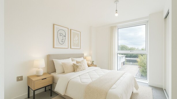 Een slaapkamer met een groot bed, nachtkastjes met lampen, uitzicht op de omgeving door een groot raam, en twee ingelijste kunstwerken aan de muur.