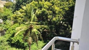 A balcony with a metal railing overlooking a lush green area with trees and a palm tree.