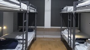 Asuntolan huone, jossa on kerrossängyt, ilmastointilaite ja kattotuuletin.