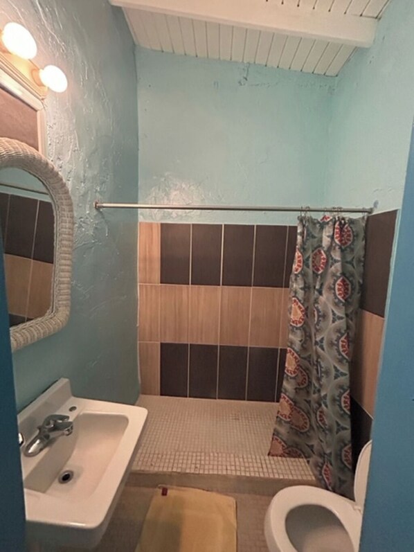 Un baño con lavamanos, inodoro y zona de ducha.