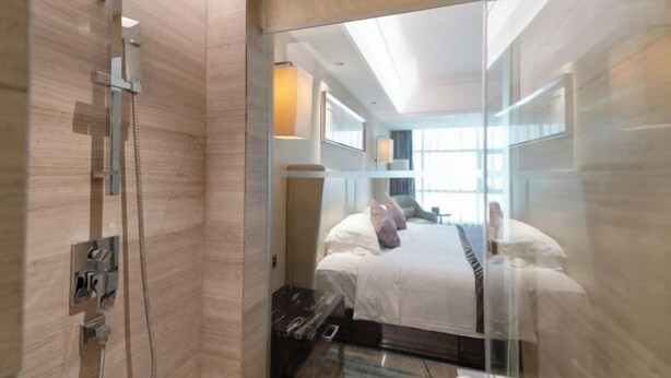 Habitación de hotel con separador de vidrio, cama, zona de ducha y vistas a la ciudad.