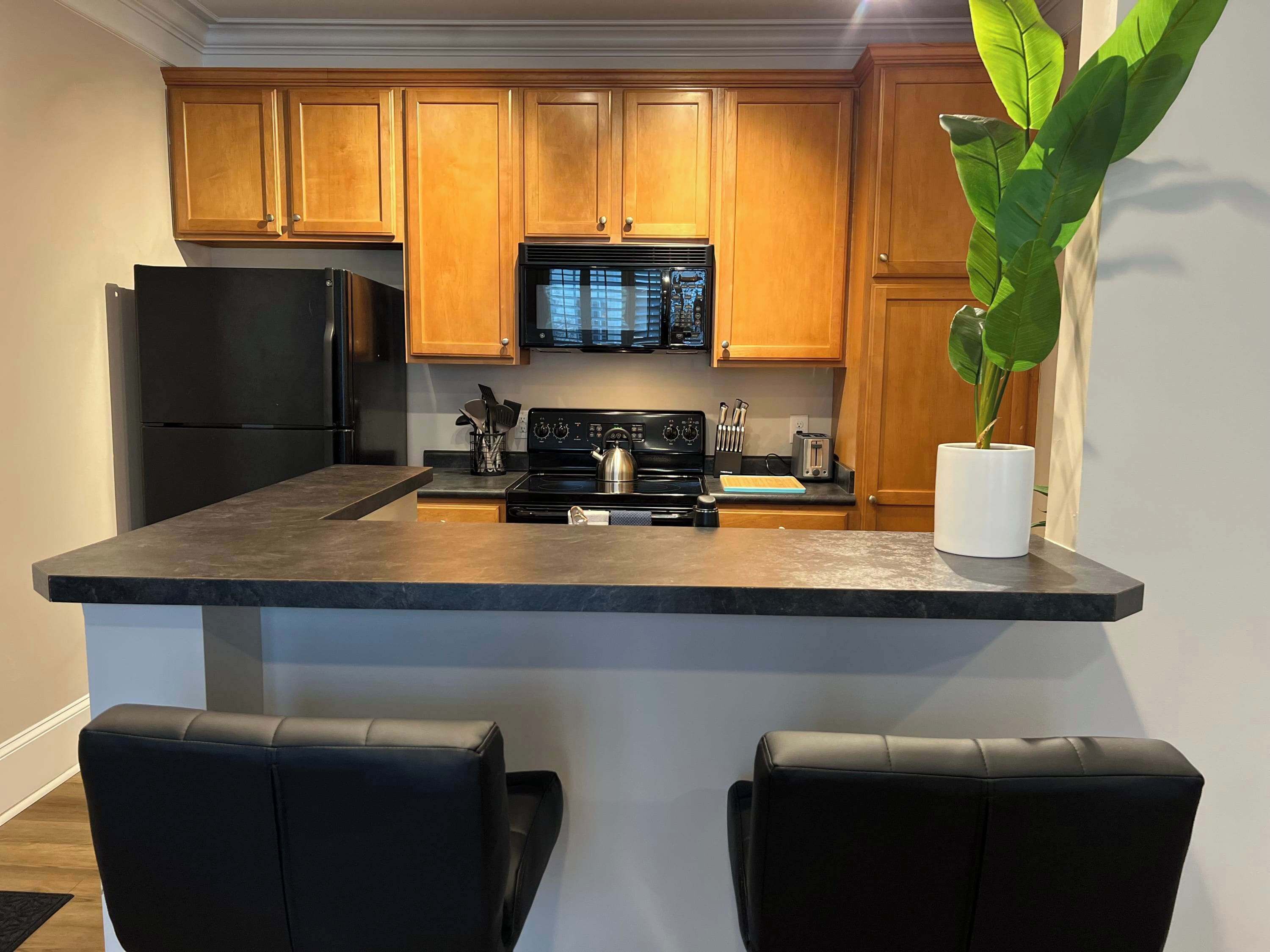 Una cocina con armarios de madera, un refrigerador negro, un microondas, una estufa y un lavamanos. Hay dos sillas negras y una planta en maceta.