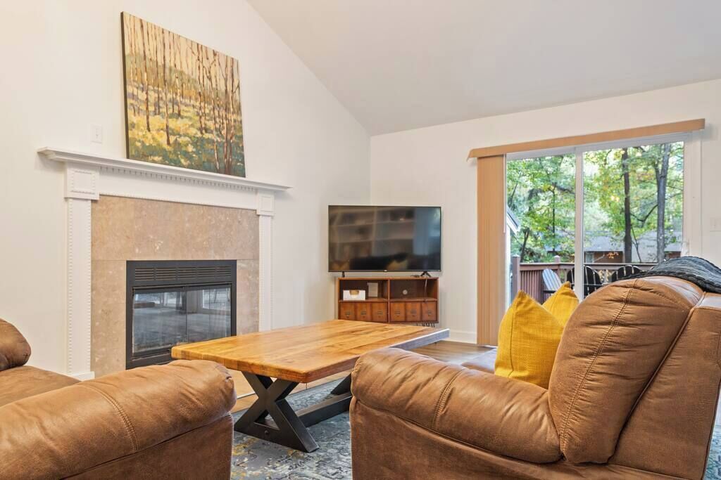 Télévision, cheminée, livres, espaces bureaux