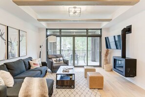 Smart TV, fireplace, books