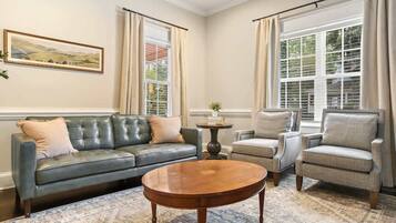 TV, fireplace, books, offices