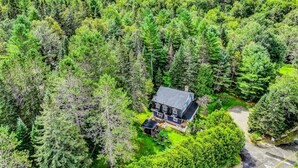 En vy från ovan av ett hus omgivet av tät skog, med en tydlig uppfart som leder fram till ytterdörren.