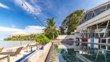 On the beach, white sand, sun-loungers, beach umbrellas