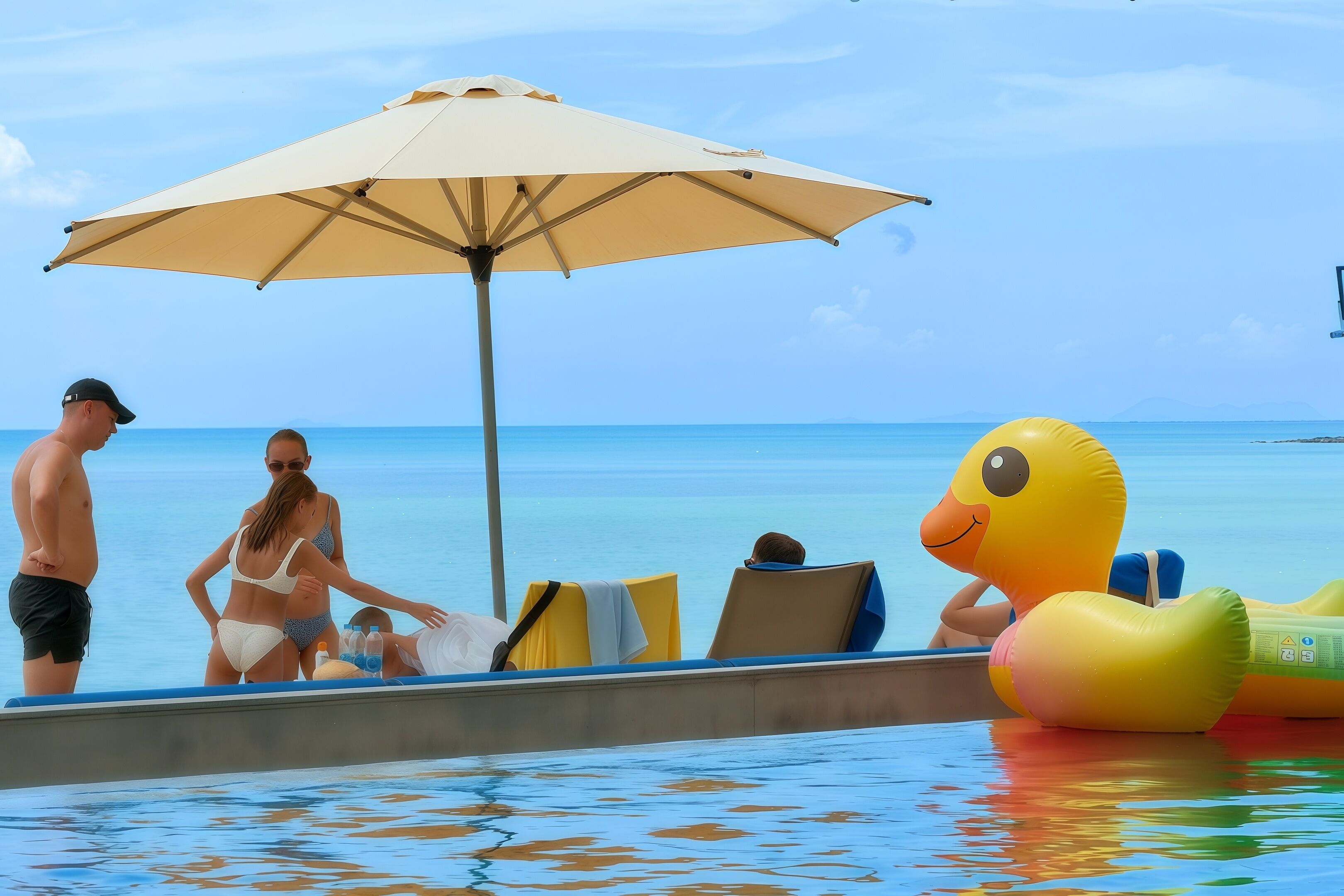 A poolside area with a large umbrella, a yellow inflatable duck, and people near the pool.