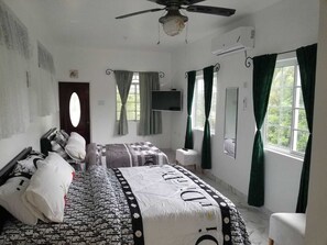 A bedroom with a bed, a chair, a TV, and a ceiling fan.
