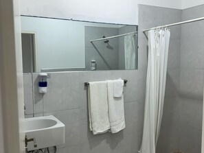 Shower, free toiletries, hair dryer, towels