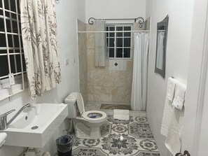 Shower, free toiletries, hair dryer, towels
