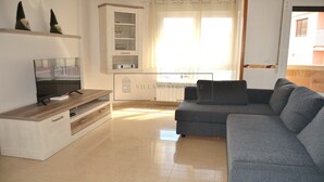 A modern living room with a grey sofa, a flat-screen TV on a wooden stand, and a glass cabinet with shelves. - VILLARCAYO HOME  3-habitaciones, lujoso apartamento muy amplio y céntrico (VILLARCAYO)