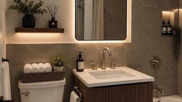 Hair dryer, bidet, towels, soap