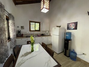 Fridge, microwave, coffee/tea maker, toaster