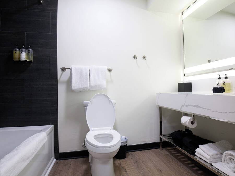 A modern bathroom with a white toilet, a black tiled shower area, a white sink with a marble countertop, and a large mirror above the sink.