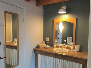 Secador de cabelo, bidê, toalhas de banho, sabonete
