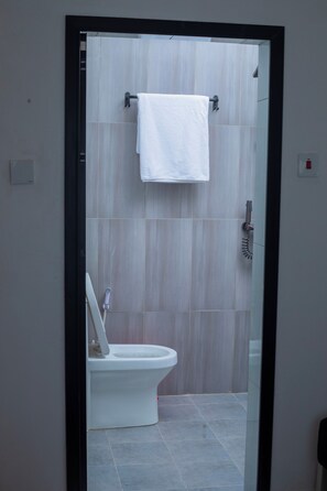 Eco-friendly toiletries, hair dryer, towels, soap