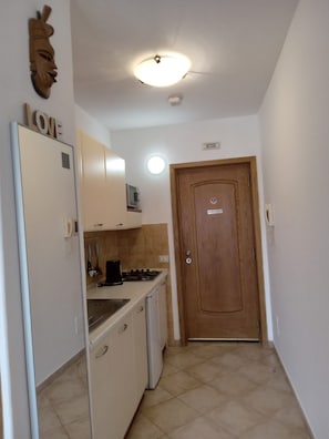 Fridge, microwave, stovetop, coffee/tea maker