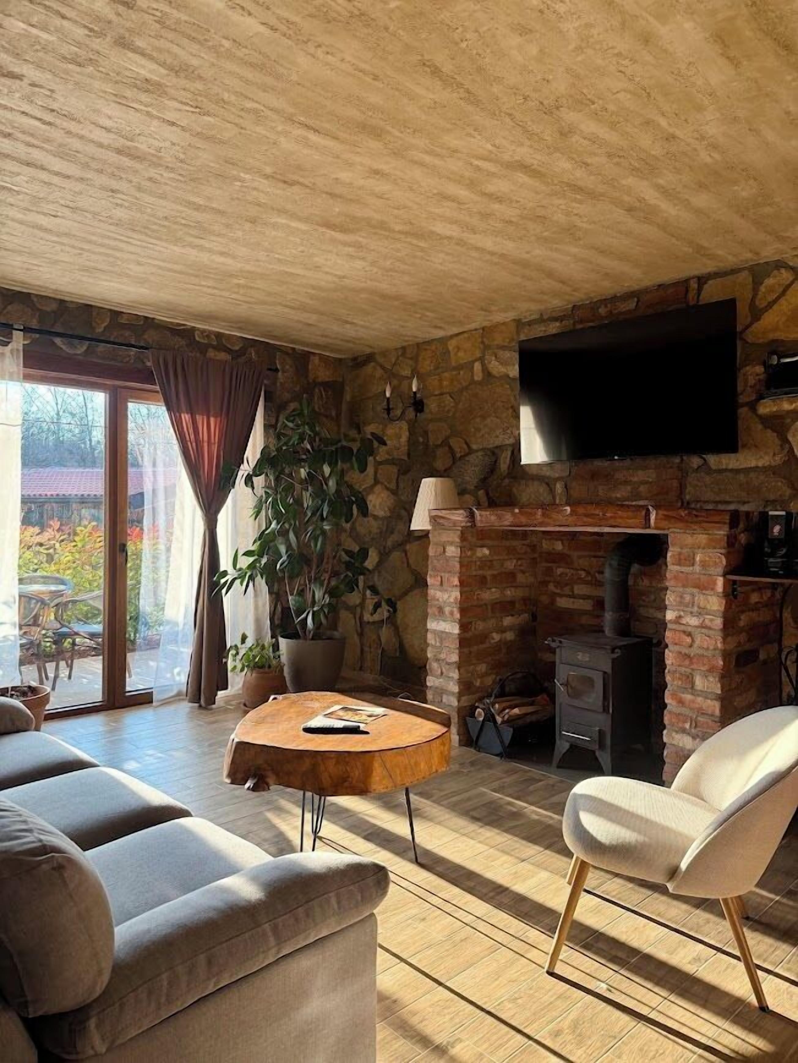 Una sala de estar acogedora con chimenea de piedra, un televisor de pantalla plana montado en la pared, un sofá cómodo, una mesa de centro redonda de madera y una planta en maceta.