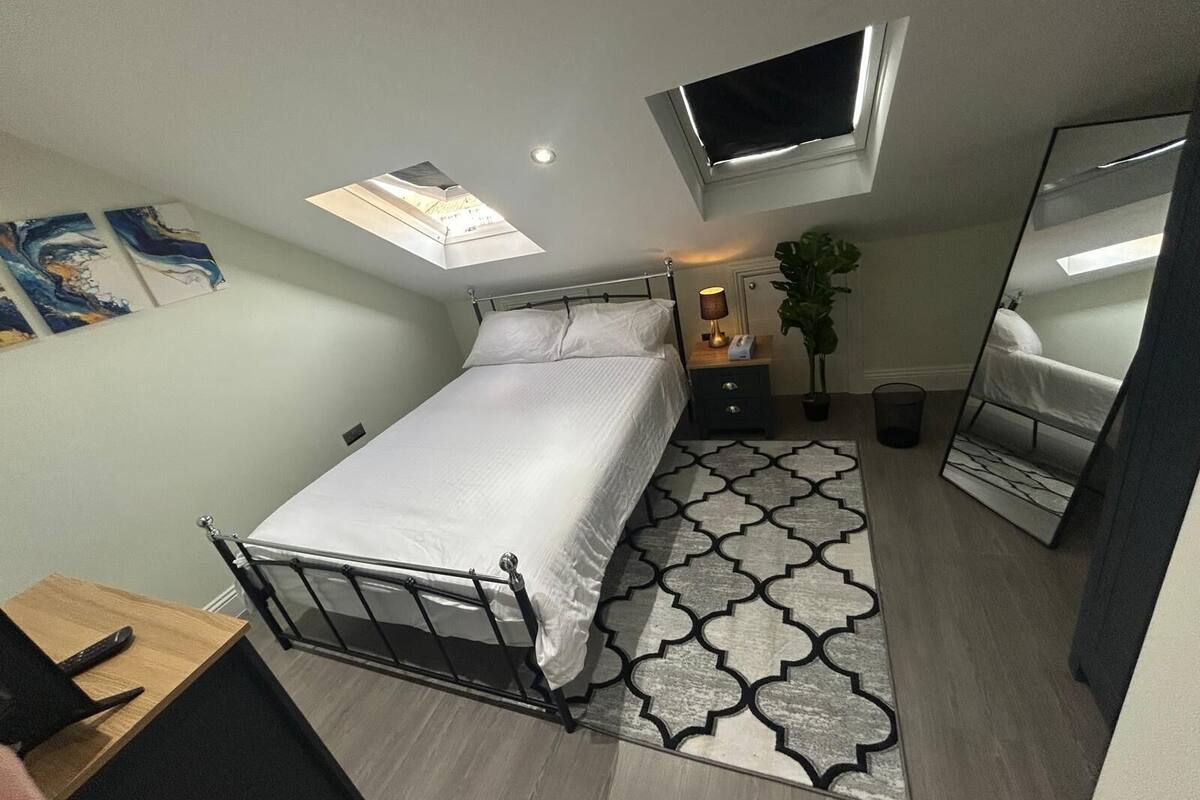 A bedroom with a bed, a bedside table, a mirror, a potted plant, and a skylight.