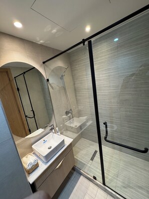 Secador de cabelo, toalhas de banho, sabonete, papel higiênico