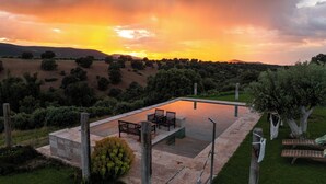 Una piscina rettangolare con area prendisole, circondata da un prato e alberi.