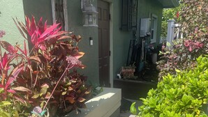 A pathway leading to a house with a green exterior, a small porch, and various potted plants. - Charming studio in superb Fort Myers that’s conveniently located (Fort Myers)