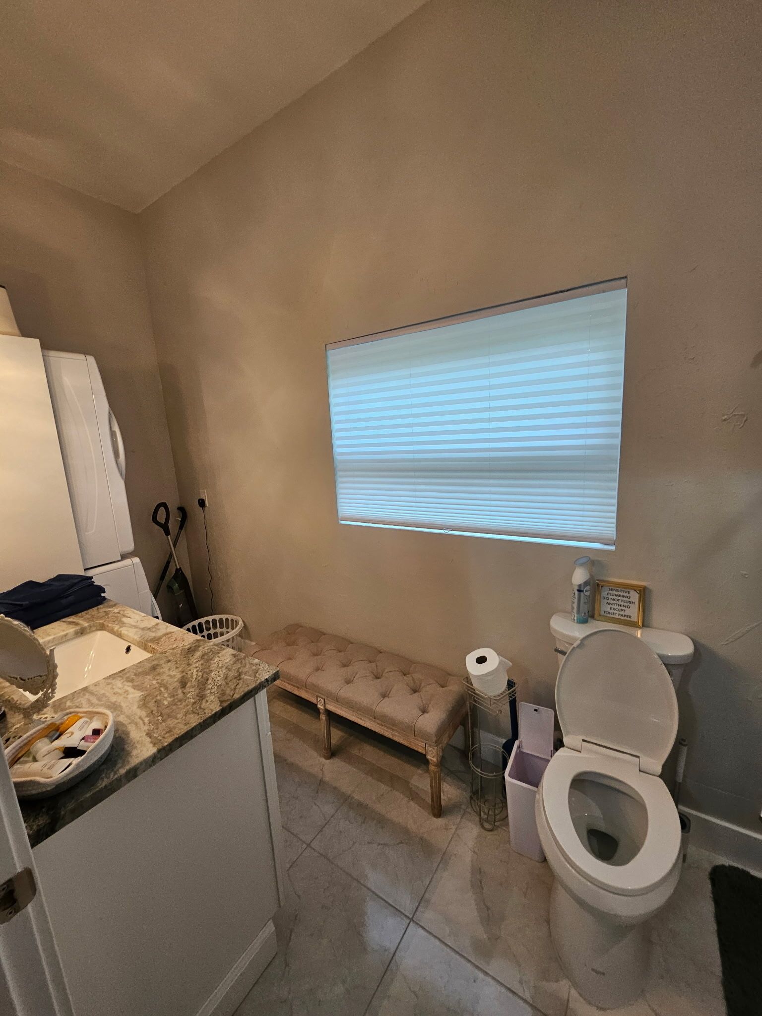 Hair dryer, towels, soap, toilet paper