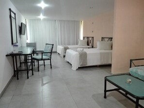 Laptop workspace, rollaway beds, bed sheets