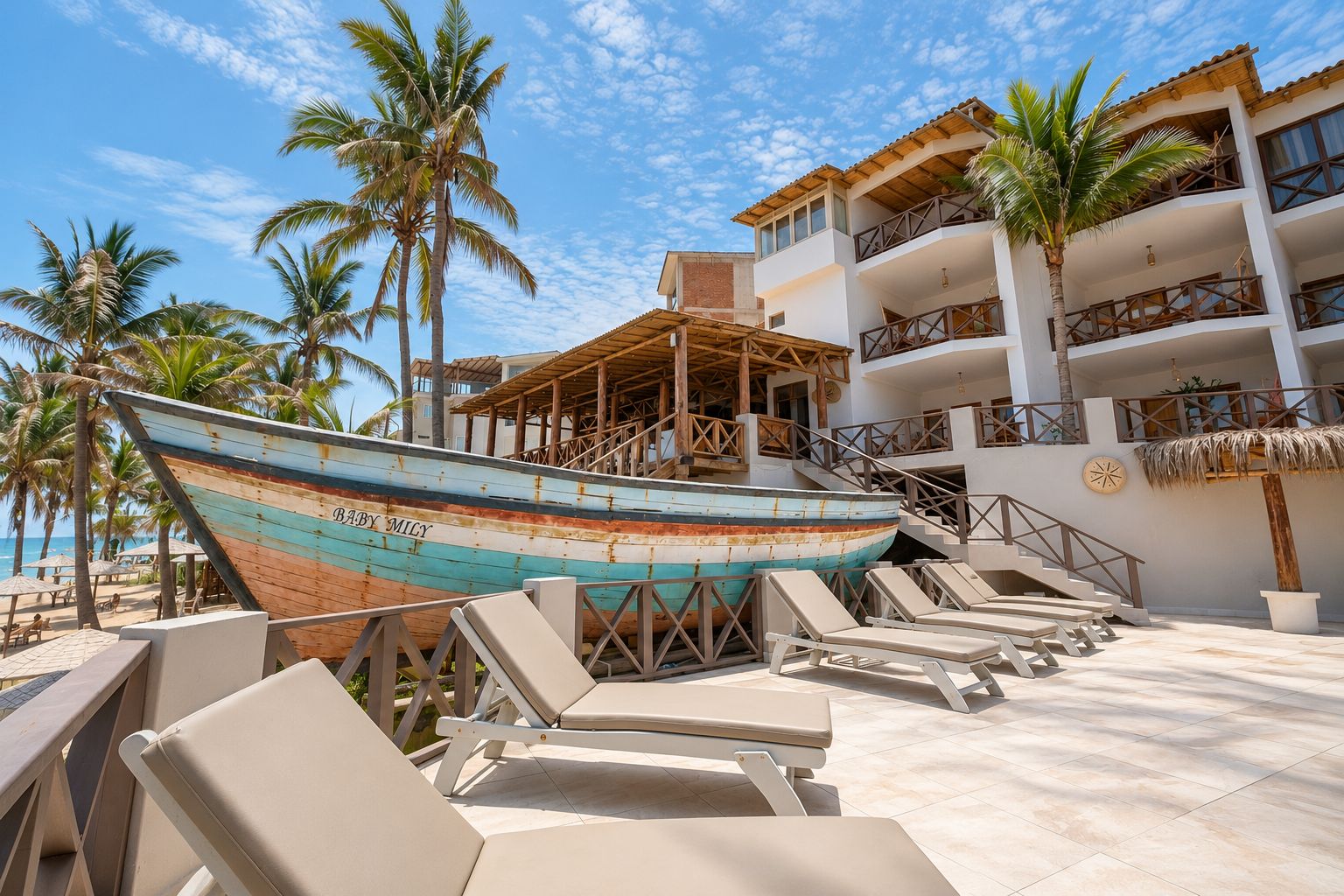 A beachfront hotel with a boat named 'BABY MILEY' docked, lounge chairs, and palm trees.