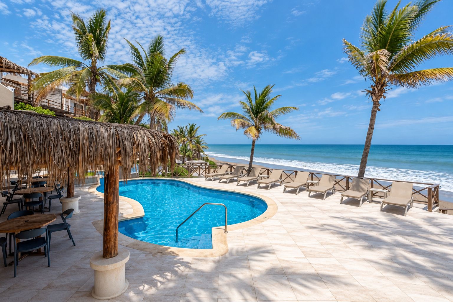 A pool area with lounge chairs and a view of the ocean.