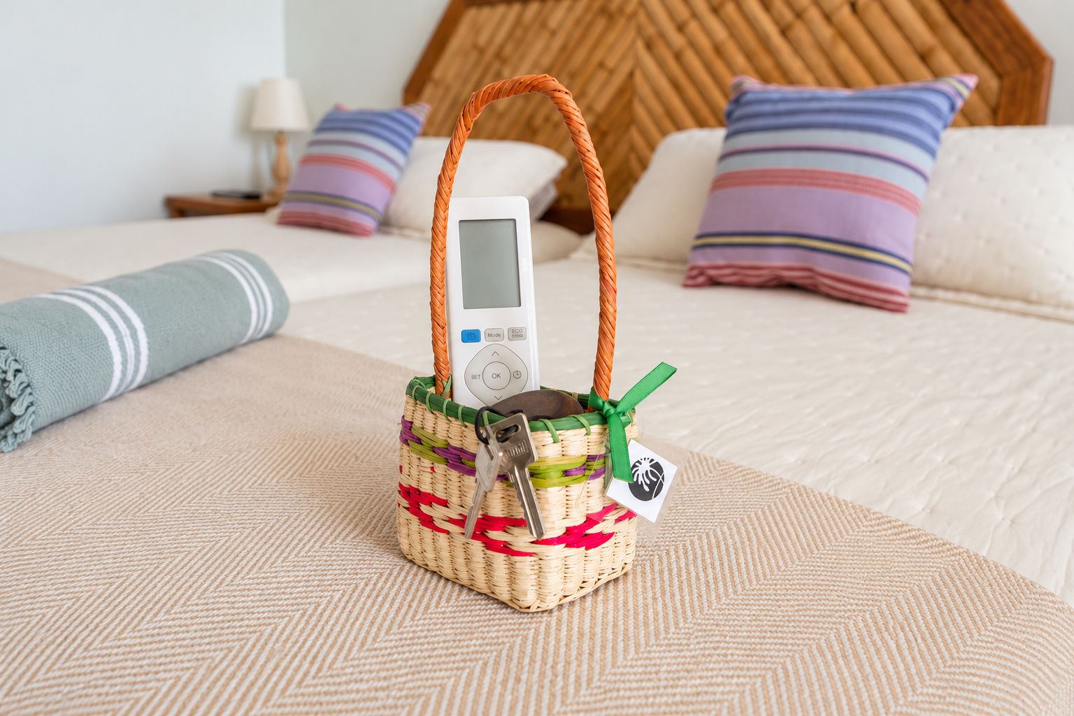 A small woven basket with a white device, keys, and a tag on a bed.