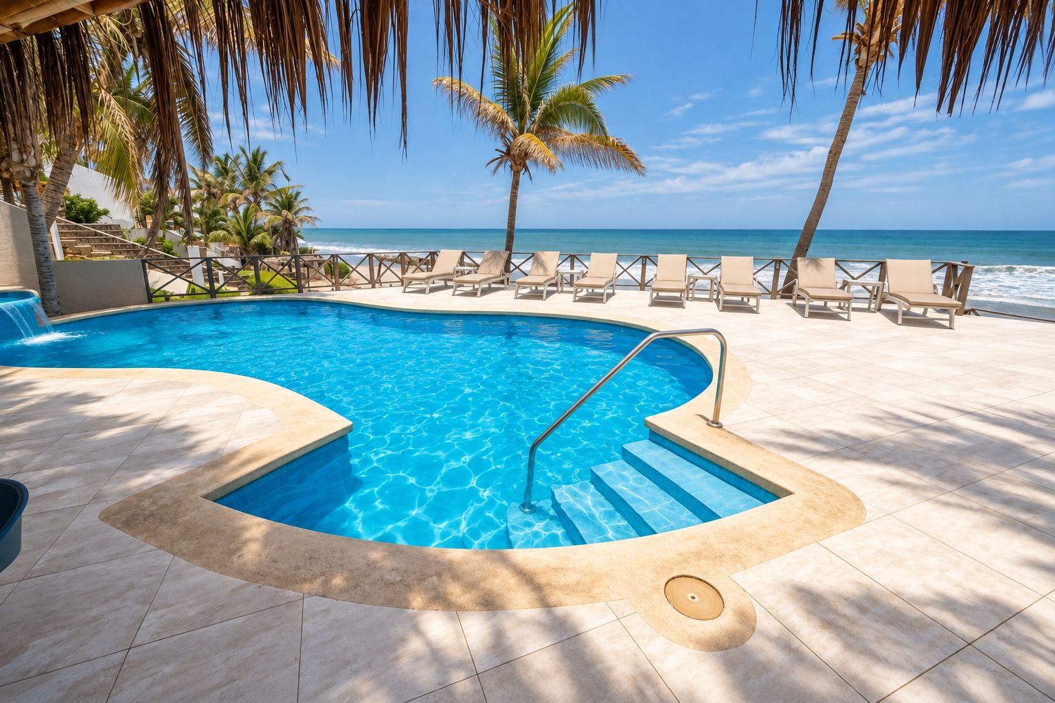A swimming pool with a view of the ocean, surrounded by lounge chairs and palm trees.