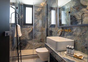 Une salle de bain moderne avec une douche à parois de verre, un grand lavabo en marbre et des toilettes.