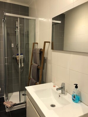 Secadora de cabello, toallas, jabón, papel de baño 